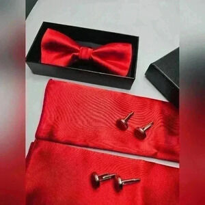 Luxury Bowtie Collection Set - Red Bowtie, Pocket Squares, Satin Cufflinks & Box